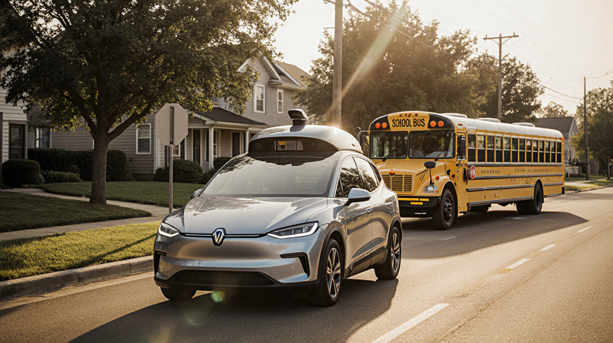 Waymo vehicle approaching an empty school bus with warm sun and reflective yellow paint.