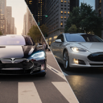 Two cars parked side by side on a street with skyscrapers; the Tesla Model S glows softly at night beside a conventional Uber