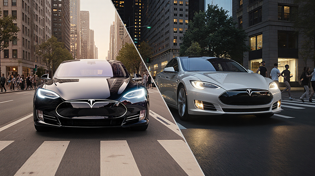 Two cars parked side by side on a street with skyscrapers; the Tesla Model S glows softly at night beside a conventional Uber