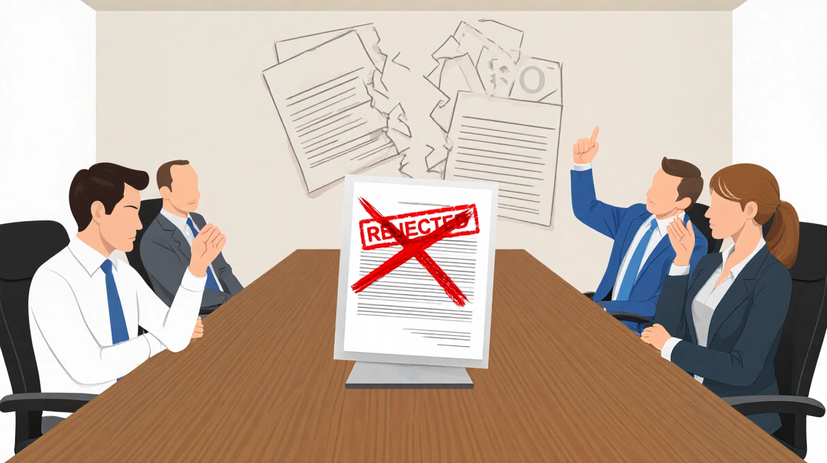 Board members sit around table with rejected bid marked in red ink and one member gesturing emphatically