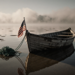 Wooden boat bobbing in misty water with a flag and scattered oil slicks on the horizon.