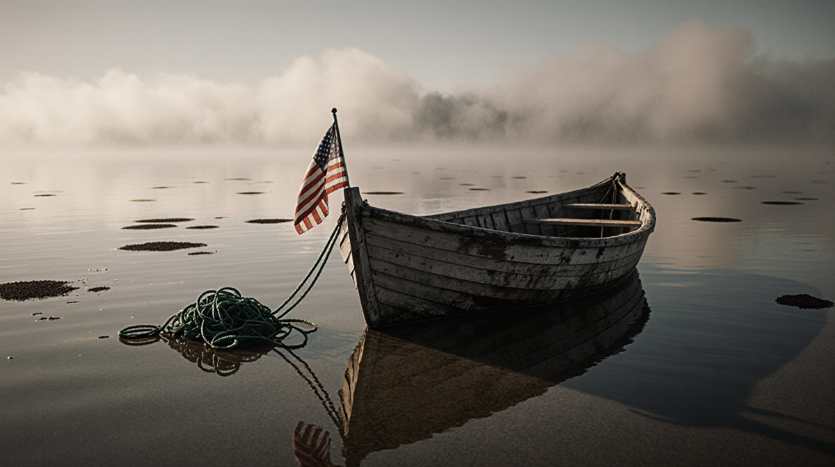 Wooden boat bobbing in misty water with a flag and scattered oil slicks on the horizon.