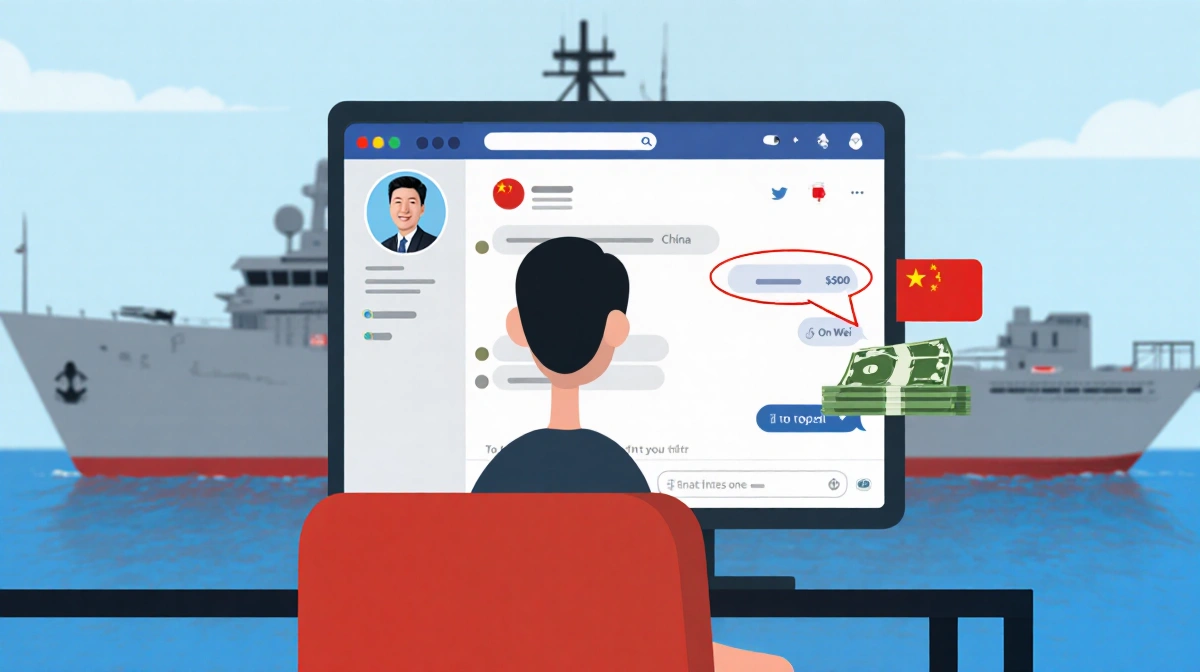 Wei chats online with mysterious contact while profile shows red flag and $500 offer near blurred navy ship