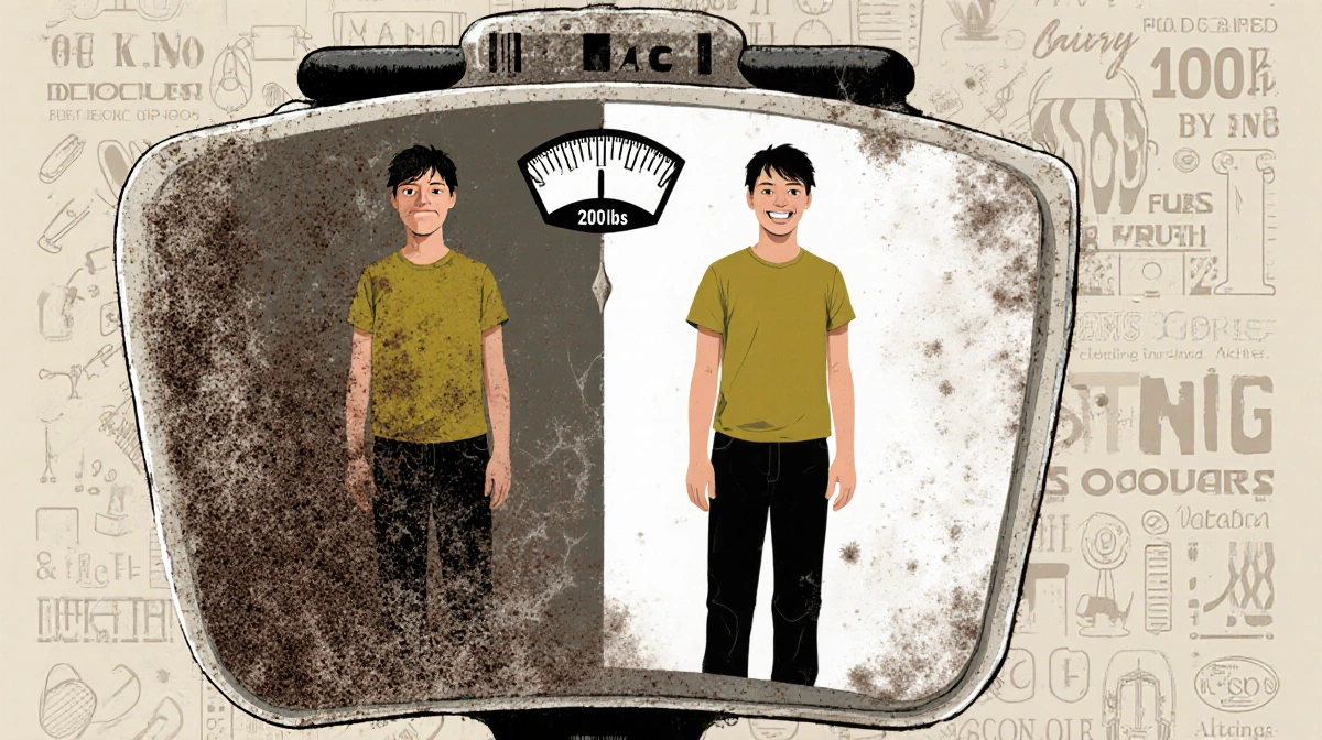 Person stands before dusty scale with sad reflection showing 200 lbs and vibrant self at 100 lbs with exercise equipment