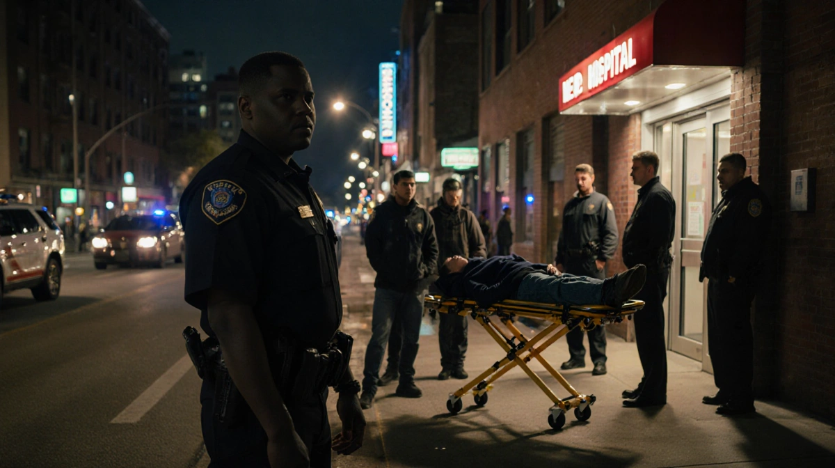 Police officer stands near hospital entrance with stretcher and paramedics responding to young adult in hoodie