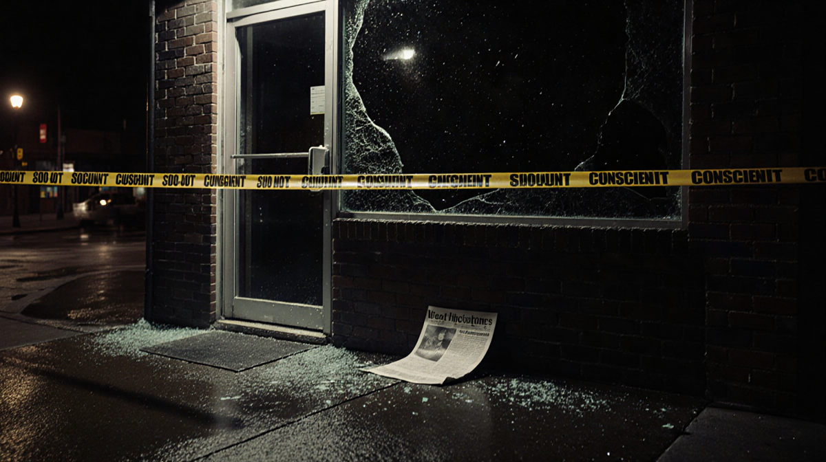 Police tape wraps around a broken storefront window of convenience store at nighttime with newspaper clipping on ground
