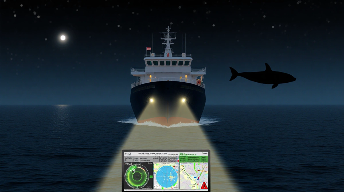 Large vessel navigating at night with headlights casting beam across dark water and whale silhouette visible in distance