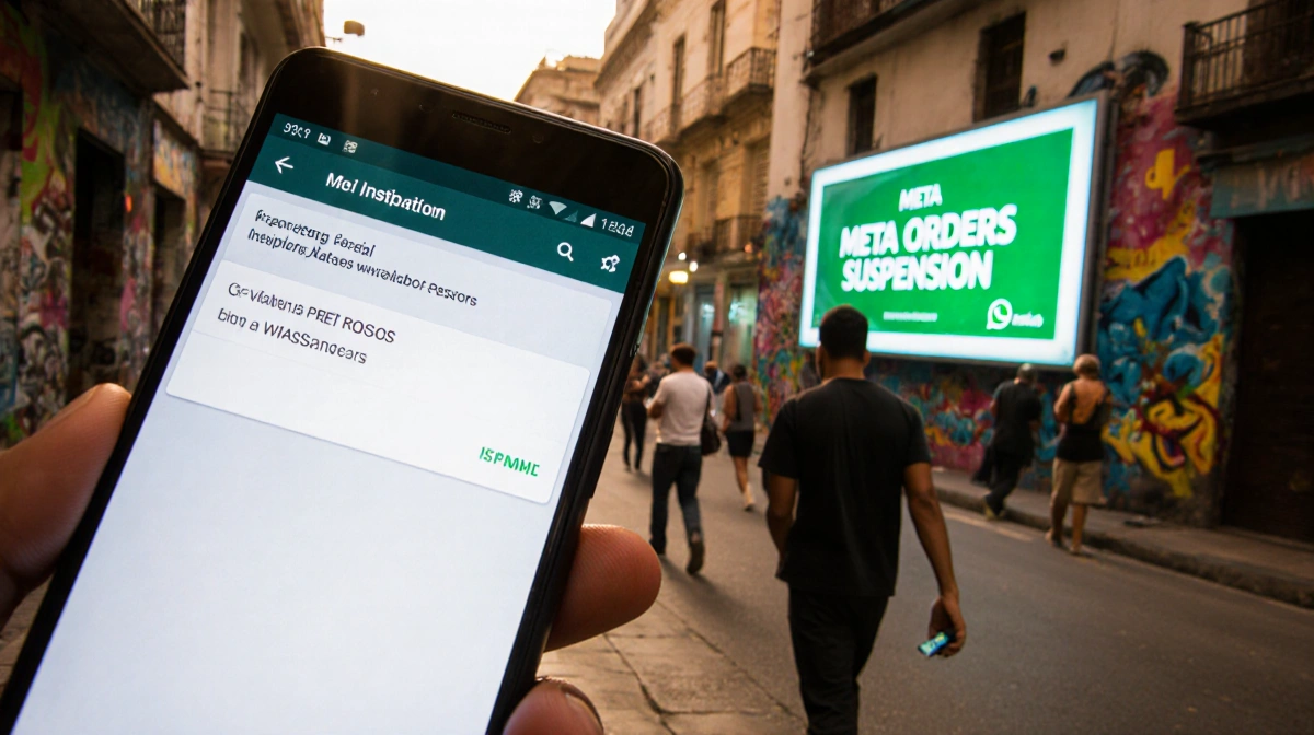 Person walks away from phone showing WhatsApp error with Meta billboard and city street in background