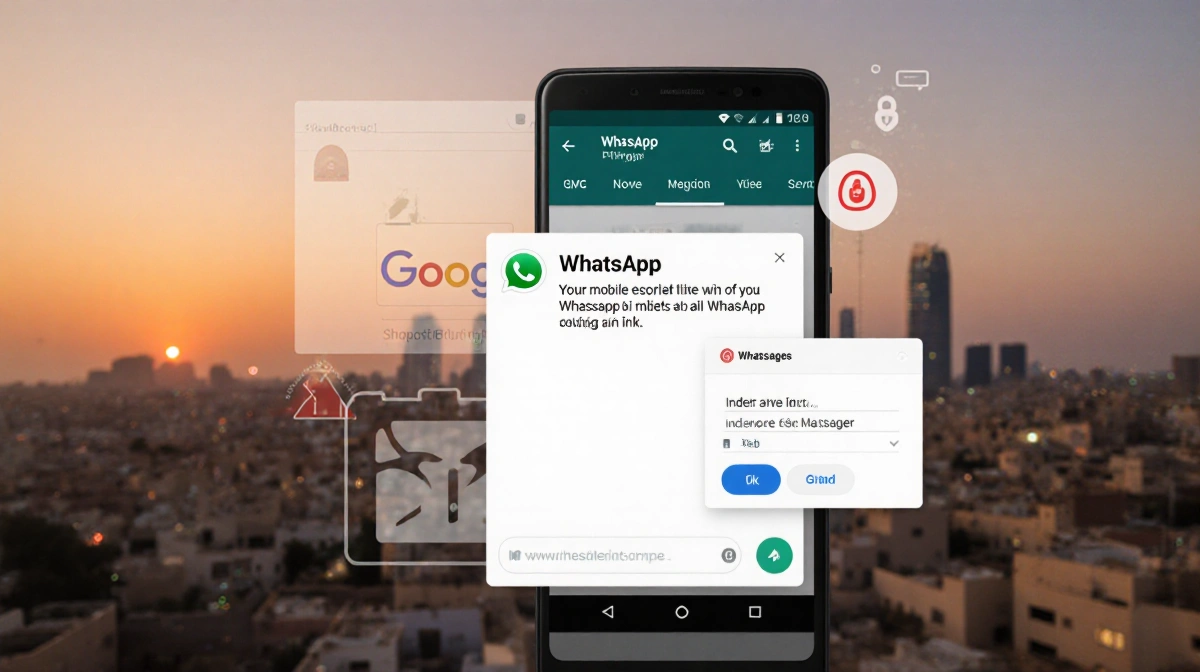 Mobile phone shows WhatsApp phishing message with Gmail login overlay and security warning symbols