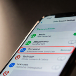 Smartphone screen showing WhatsApp Strict Account Settings with security icons and a faint red glow around Unknown label