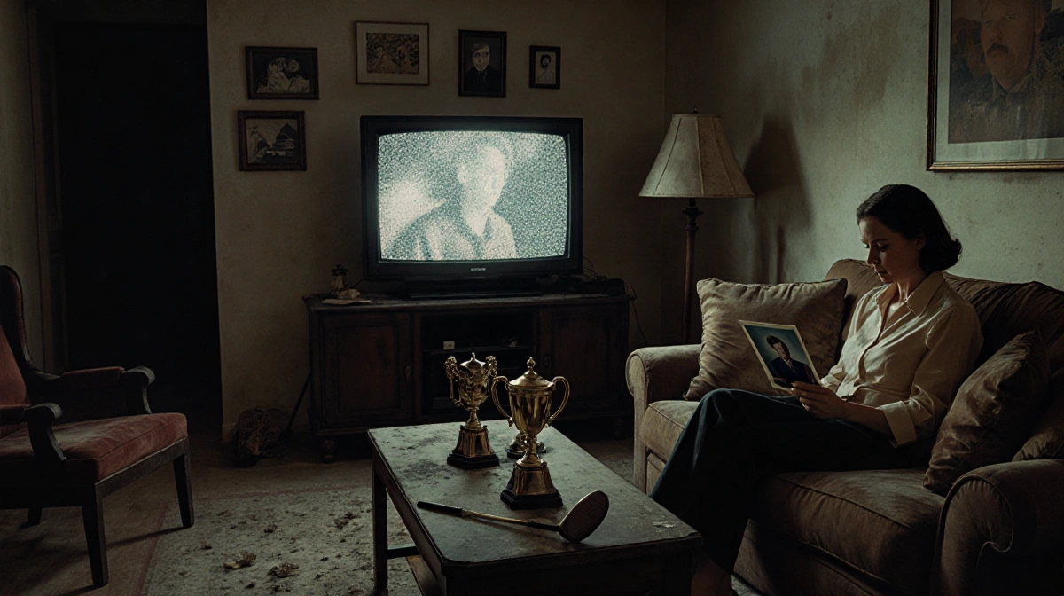 Karen sits on couch staring at a photo of Billy with a static TV screen and golf trophies on the coffee table