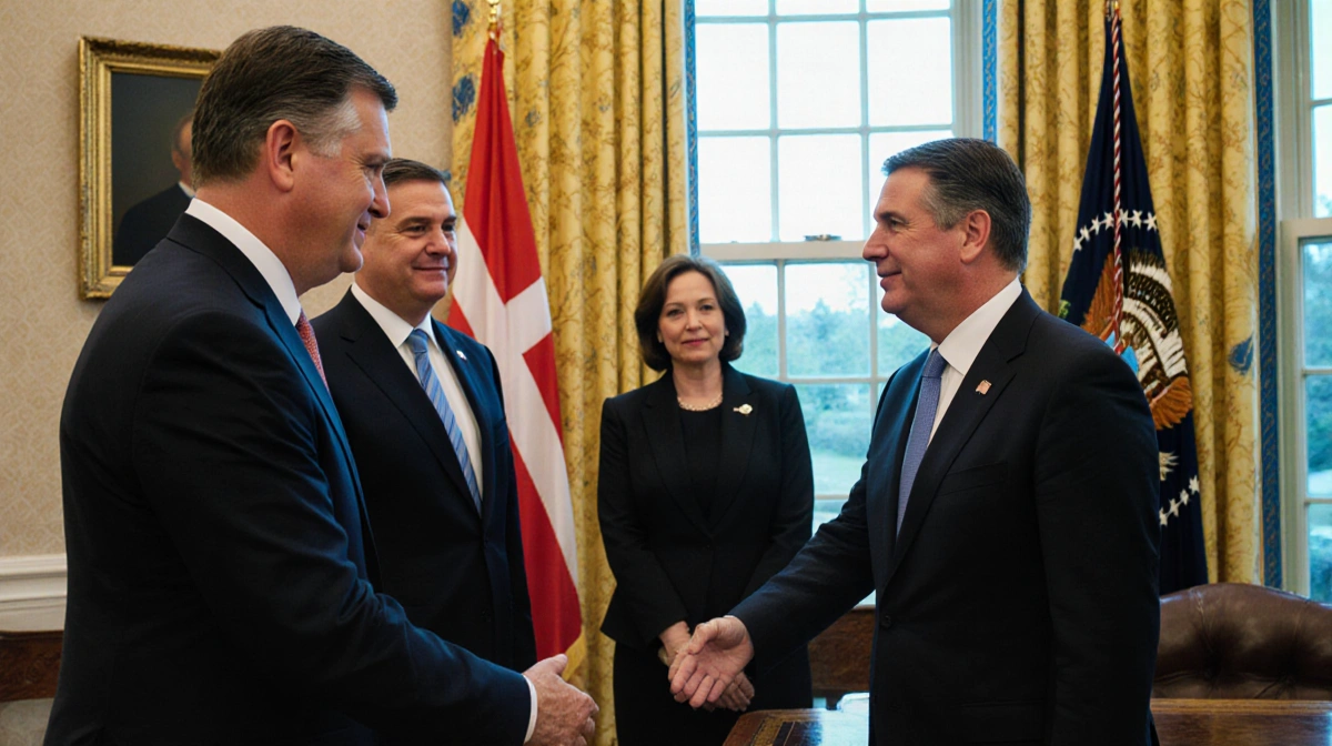 Vice President JD Vance and Secretary Marco Rubio greet Greenland's Vivian Motzfeldt with Danish and American flags behind th
