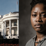 Armstrong is cuffed with her hands behind her back and her prison jumpsuit against the White House columns.