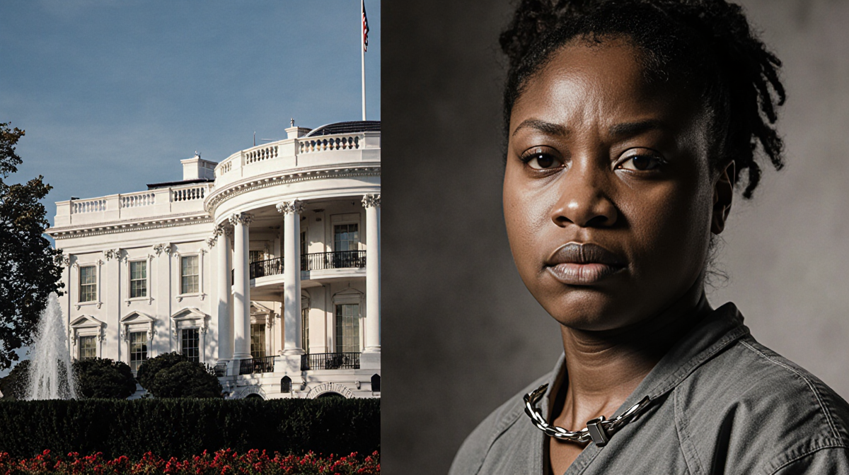 Armstrong is cuffed with her hands behind her back and her prison jumpsuit against the White House columns.