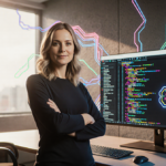 Whitney Swayze standing with screen showing Superagent interface and AI lines in futuristic workspace lit by natural light