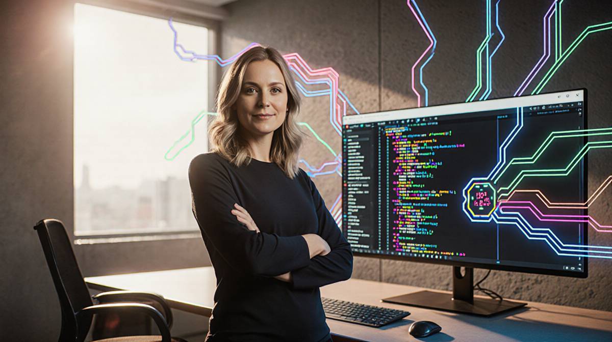 Whitney Swayze standing with screen showing Superagent interface and AI lines in futuristic workspace lit by natural light