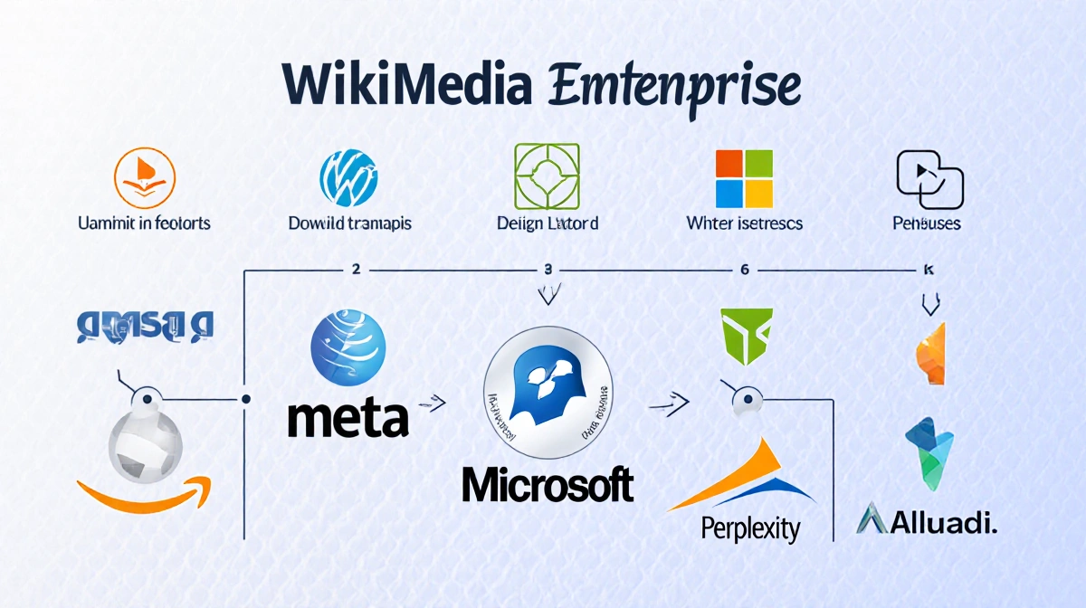 Wikimedia Enterprise customer logos including Amazon Meta Microsoft and Perplexity connected with arrows showing partnership