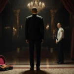 Will Smith standing in dim Las Vegas hotel lobby with violin case beside him and uneasy guard near entrance