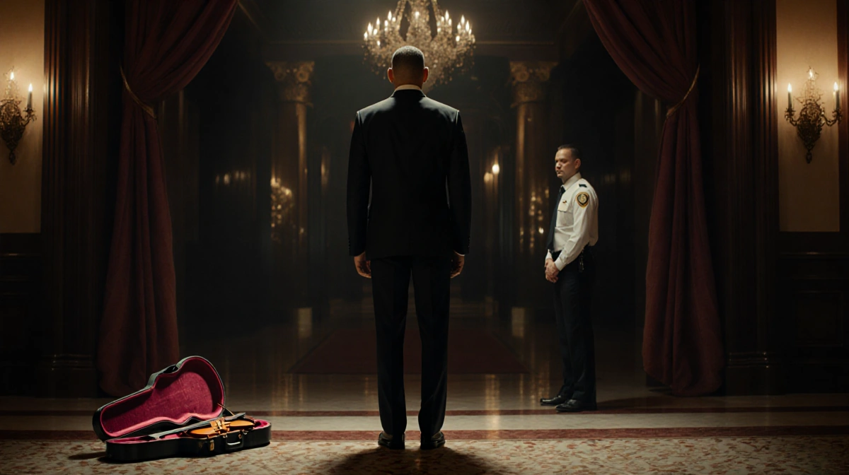 Will Smith standing in dim Las Vegas hotel lobby with violin case beside him and uneasy guard near entrance