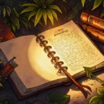 Notebook glowing with light illuminates a manual beside lush plants and tomes evoking Stranger Things and Lord of the Rings.