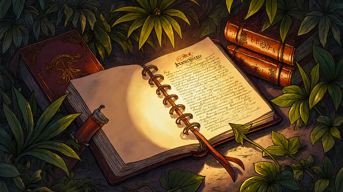 Notebook glowing with light illuminates a manual beside lush plants and tomes evoking Stranger Things and Lord of the Rings.