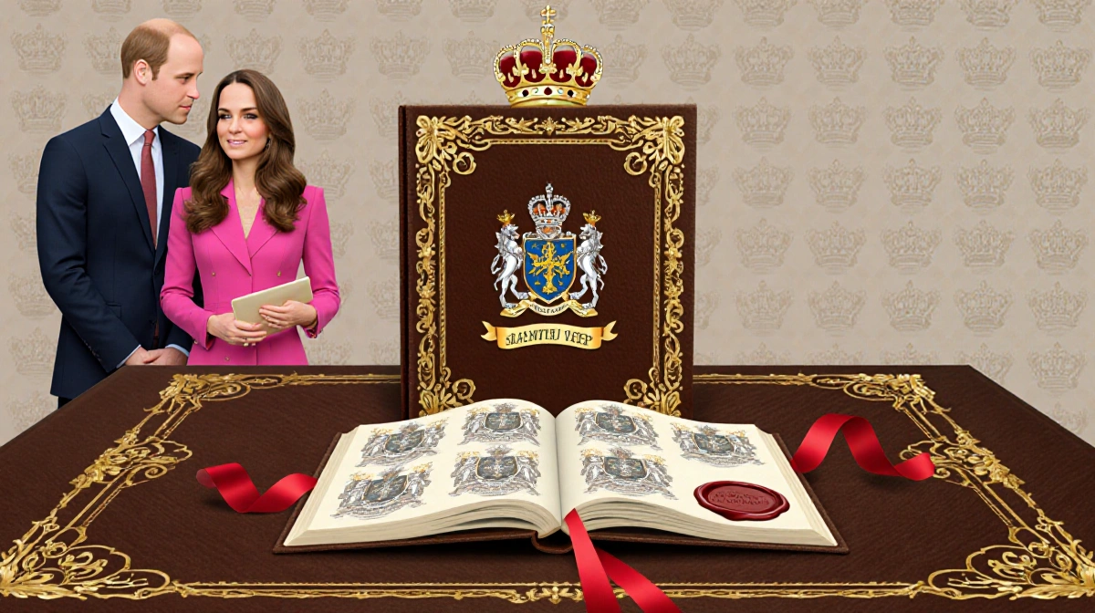 Royal couple standing together with ornate desk featuring a crown on top and a leather-bound book with Royal Arms.