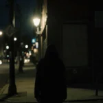 Lone figure standing in night Wilmington street with flickering security light and blurred cityscape background.