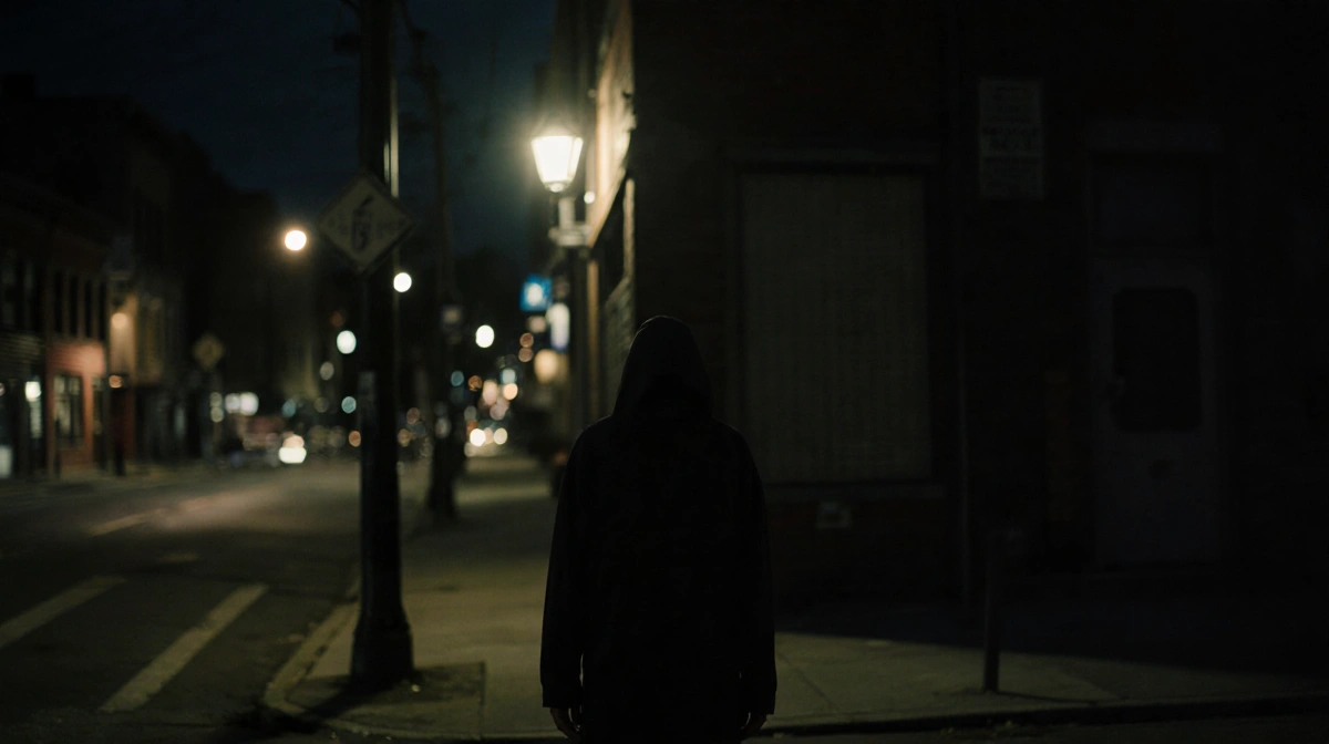 Lone figure standing in night Wilmington street with flickering security light and blurred cityscape background.
