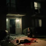 Teen girl lying on ground with mother kneeling beside her and police lights flashing over broken glass