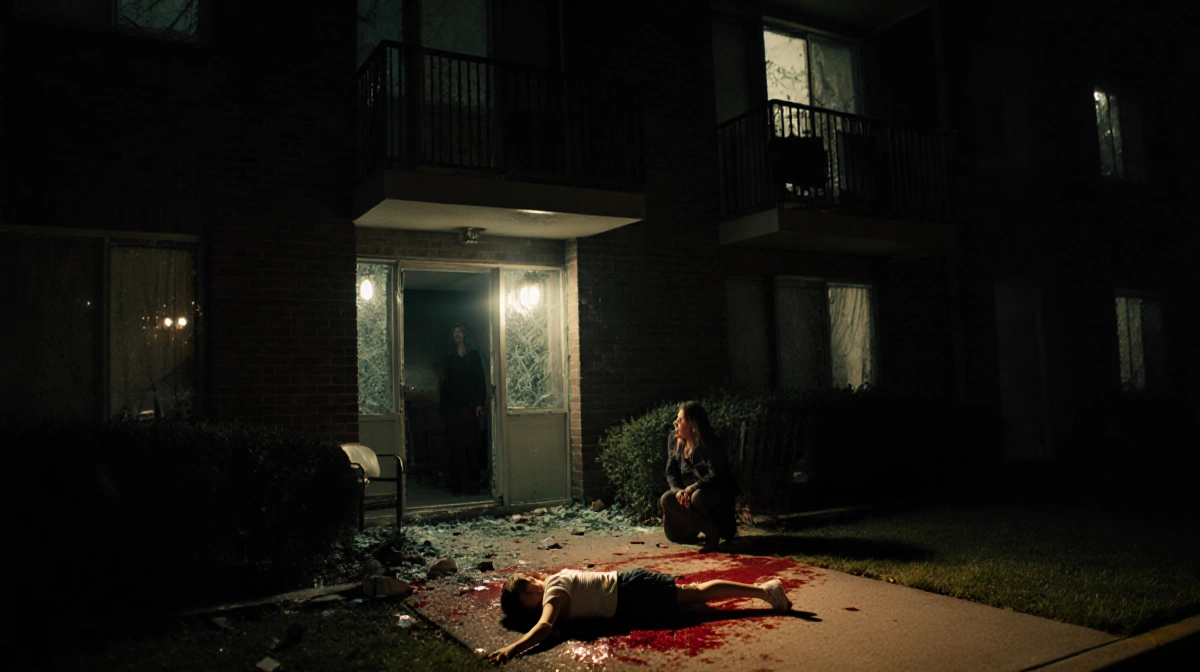 Teen girl lying on ground with mother kneeling beside her and police lights flashing over broken glass