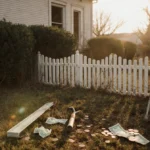 Abandoned renovation site shows broken ladder with scattered coins and crumpled check near unfinished yard
