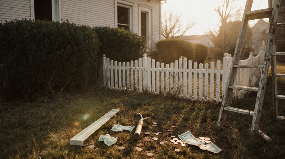 Abandoned renovation site shows broken ladder with scattered coins and crumpled check near unfinished yard