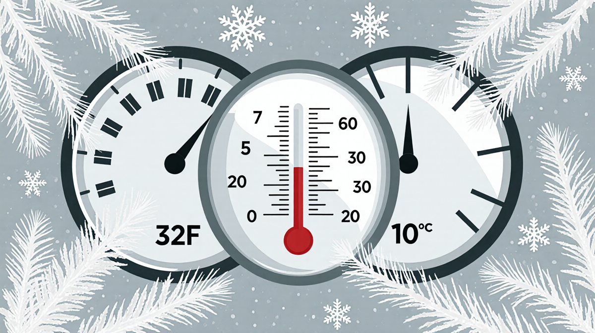 Thermometer reading 32°F with wind chill gauge showing lower value and snowflakes and frosty leaves