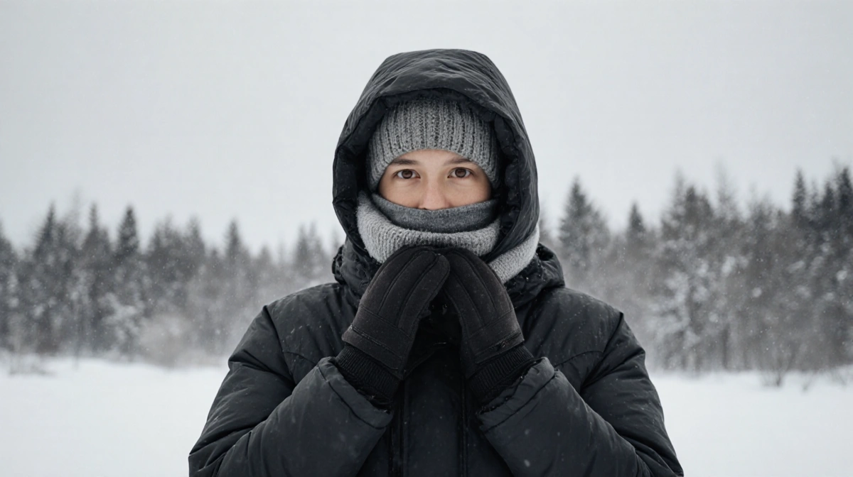 Person bundled in winter layers stands outside with snow-covered trees and grey sky showing cold weather protection