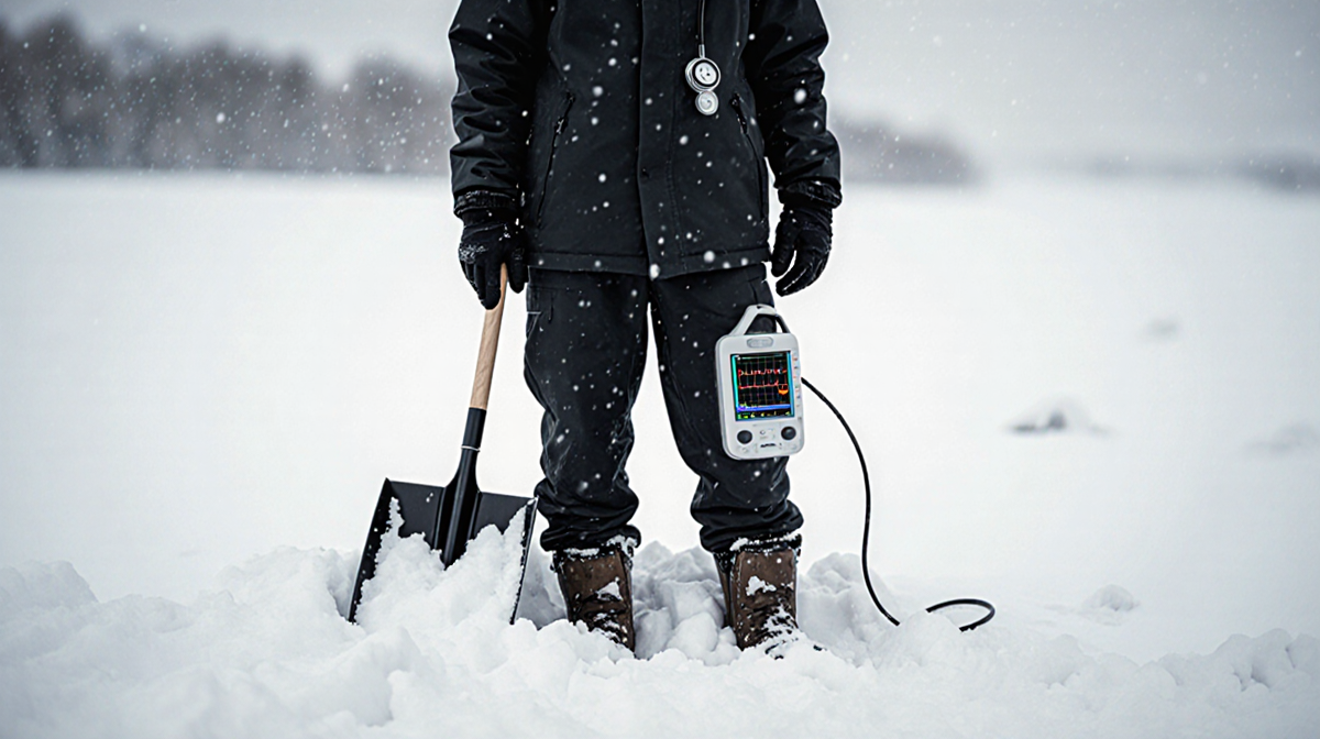 Man in winter jacket standing alone with shovel and subtle ECG monitor on ground