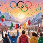 Athletes standing together holding national flags with confetti and balloons under a sunset over snowy mountains.