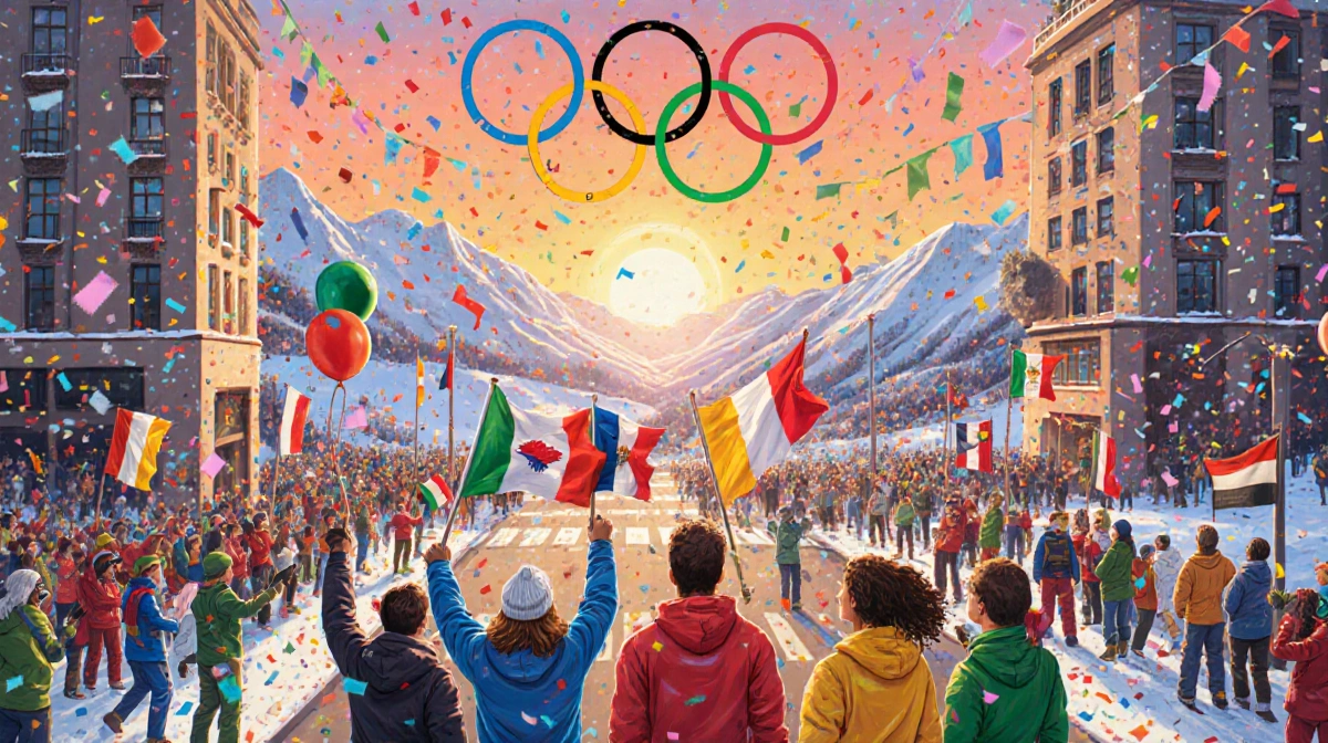Athletes standing together holding national flags with confetti and balloons under a sunset over snowy mountains.