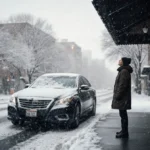 Pedestrian standing under awning gazing up at sky with heavy snowfall and icy road