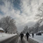 People hurry to cars along snow-lined road with winter trees and grey sky overhead