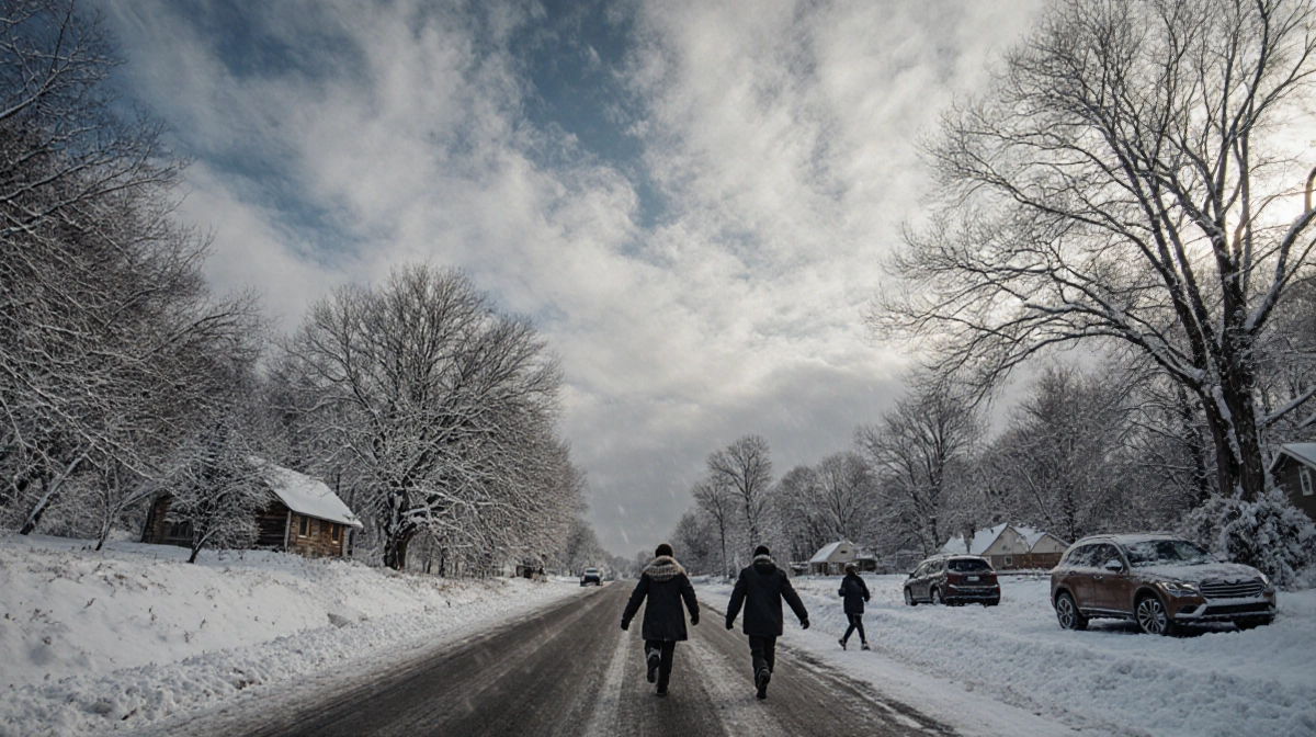 People hurry to cars along snow-lined road with winter trees and grey sky overhead