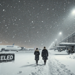 People trudging through knee‑deep snow near frozen planes with a Flight Canceled sign at a winter airport