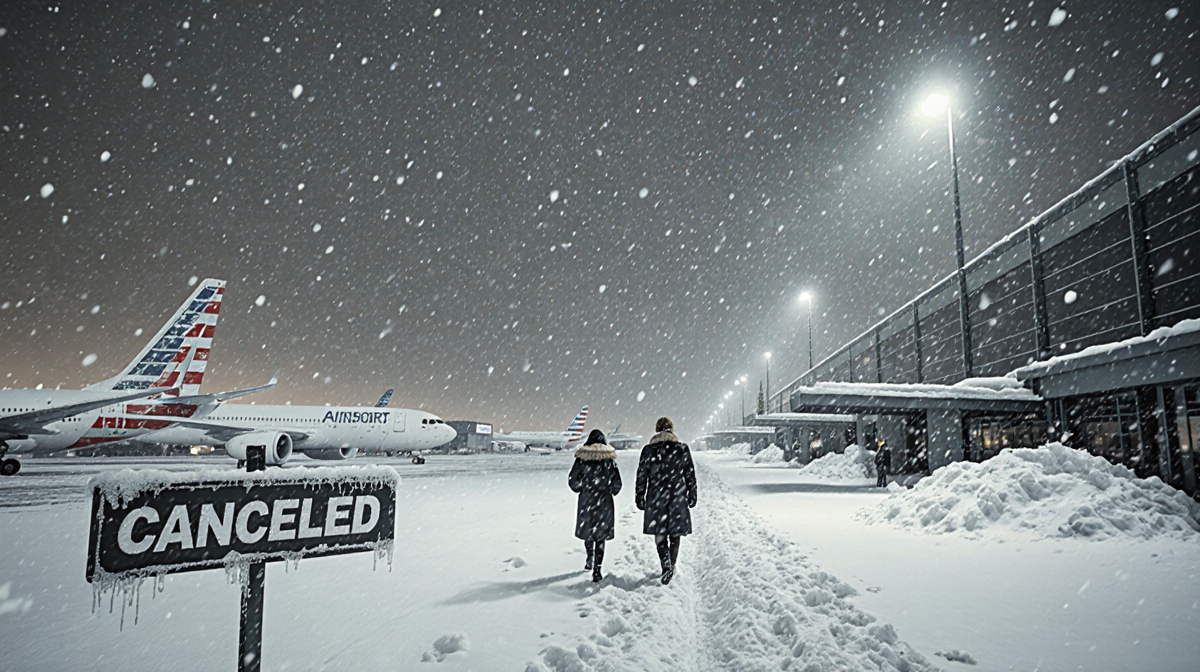 People trudging through knee‑deep snow near frozen planes with a Flight Canceled sign at a winter airport