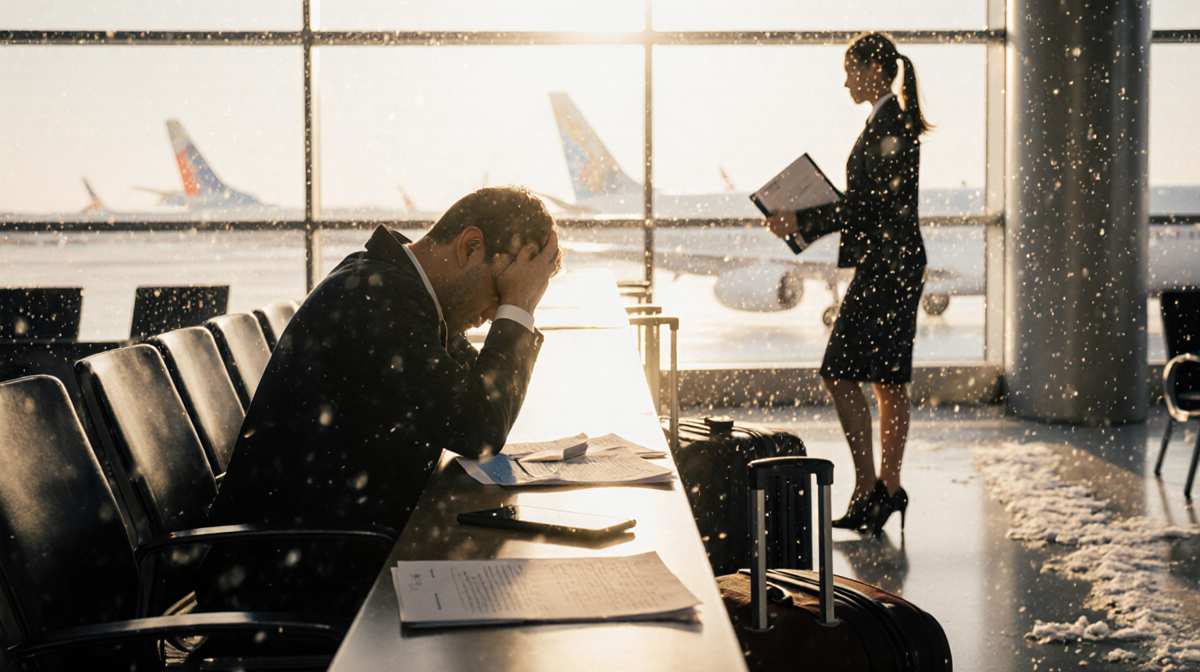 Passenger sits at a check‑in counter in an airport terminal with a phone while a staff member approaches with a folder.