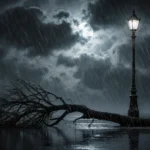Heavy rain falling from dark clouds with uprooted branch on wet pavement and flickering streetlamp