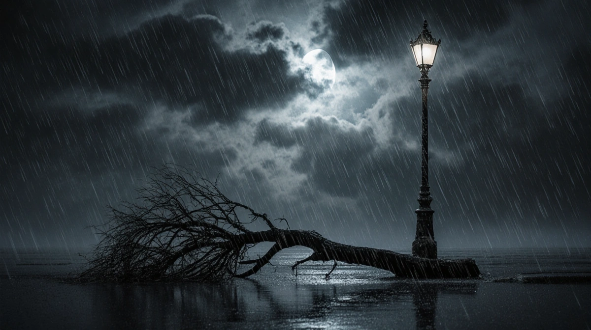 Heavy rain falling from dark clouds with uprooted branch on wet pavement and flickering streetlamp