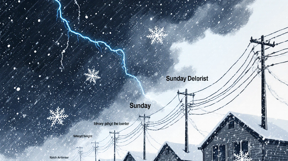 Winter storm intensifies with swirling snow around buildings and power lines as lightning flashes illuminate the darkening sk