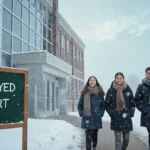 Students walking to school in winter coats with snow falling and Delayed Start chalkboard in foreground