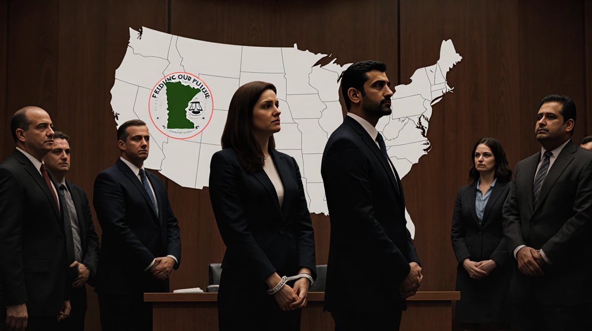 Aimee Bock and Salim Said with hands cuffed in courtroom with US map and justice scales and wire fraud in background