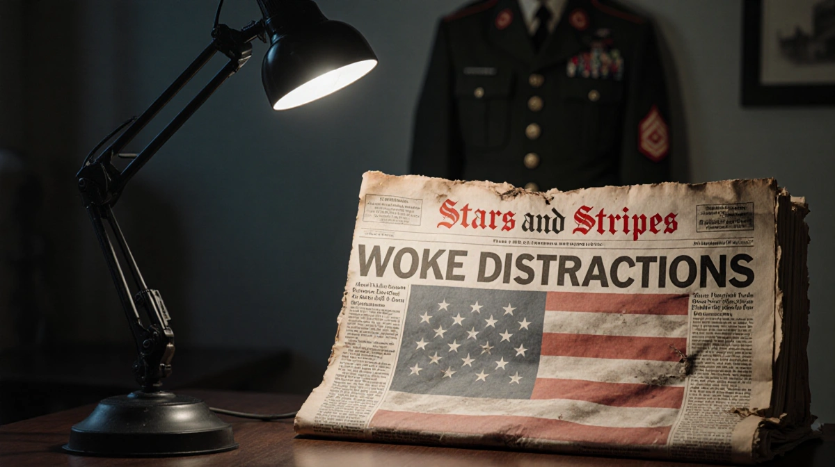 Distressed newspaper with Woke Distractions headline shows faded American flag pattern with military uniform shadow on wall