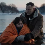 Neighbor pulling woman from icy pond with orange rescue blanket and snow-covered trees behind